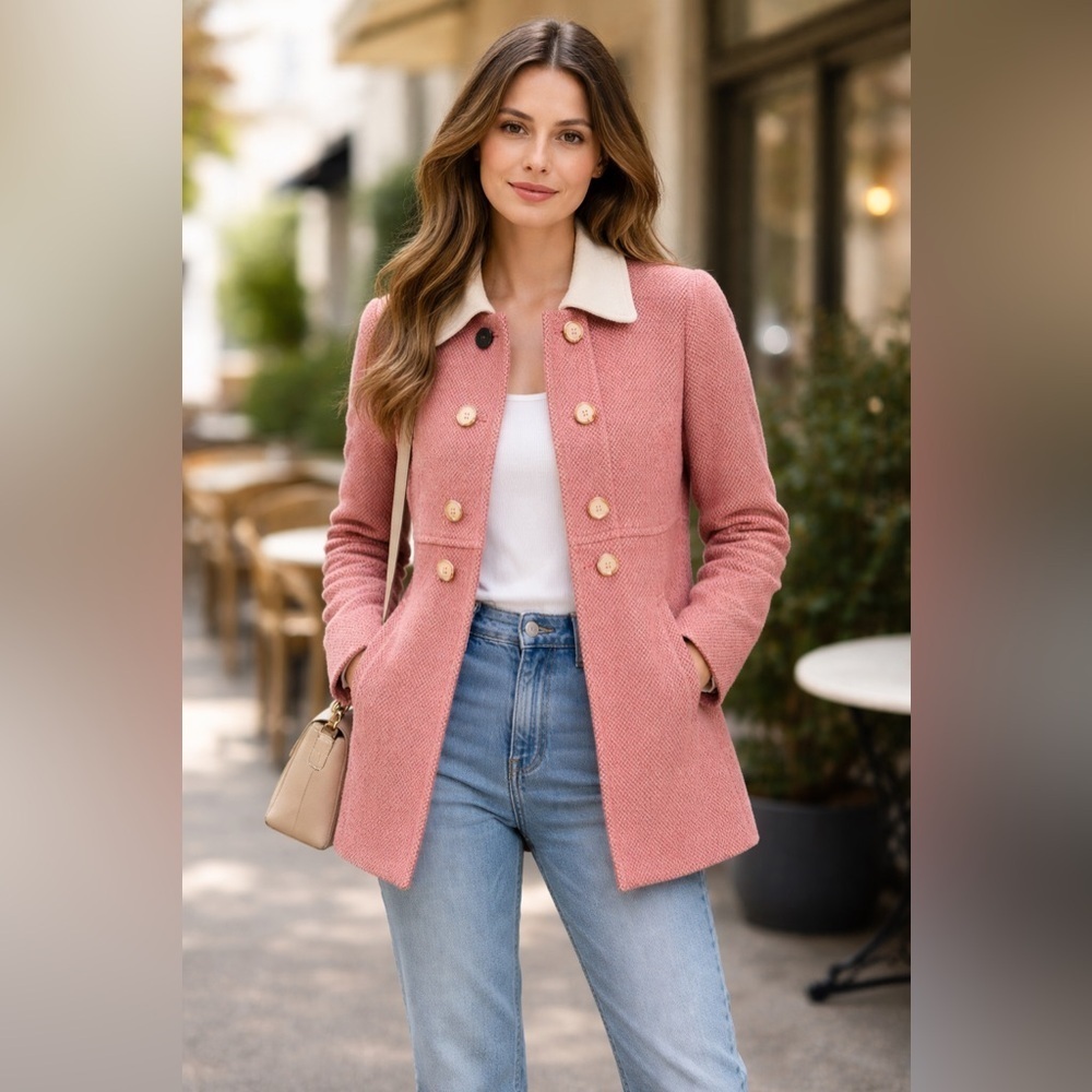 Women's Zara Pink Double-Breasted Pea Coat Houndstooth Pattern Size Small